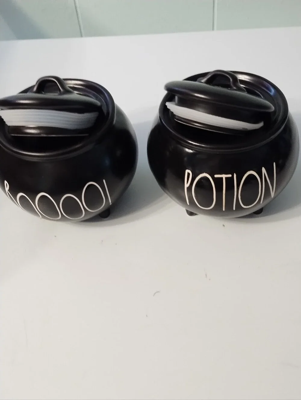 New Rae Dunn Matte Black 'Boo' & 'Potion' Ceramic Cauldron Canister Set